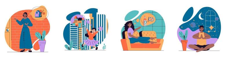 Dreaming people concept with scenes set in flat web design. Bundle of character situations with women thinking and planning travels, child imagins fairytales, man meditating. Vector illustrations.