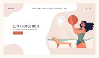 Self-tan web banner or landing page. Beautiful woman applying self-tanner vector