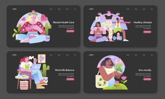 Generation Z Lifestyle set. Portraying self-care, fitness, remote work, and eco-consciousness in vibrant vector illustrations.