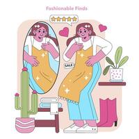 Excitement in eco-fashion. A joyful shopper tries on a chic find at a secondhand store, reflecting the thrill of sustainable style discoveries. Vector illustration.