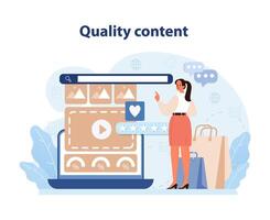 Quality Content for Consumer Engagement. An illustration of a content creator curating. vector