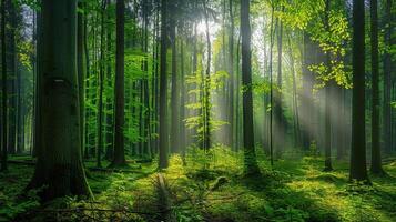 ai generado un panorámico ver de un sereno bosque paisaje con luz de sol perforación mediante el pabellón de alto verde arboles foto