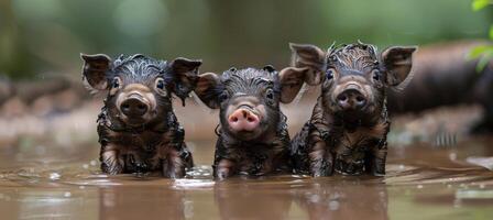 AI generated Playful and energetic piglets enjoying themselves by splashing happily in a charming muddy puddle photo