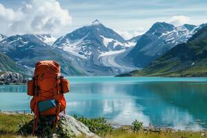 AI generated A solitary backpack stands against the backdrop of a breathtaking alpine mountain lake photo