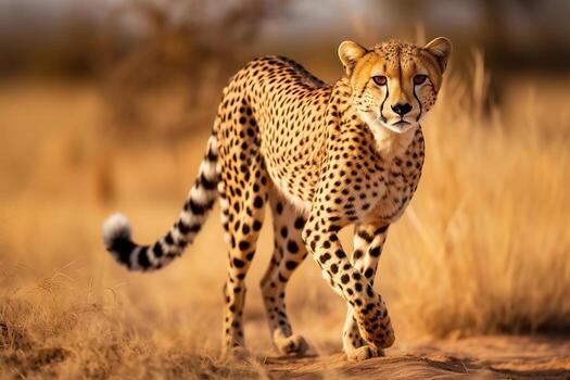 AI generated cheetah running through a field of tall grass.Generative Ai photo