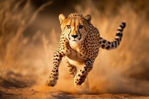 AI generated cheetah running through a field of tall grass.Generative Ai photo