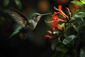 ai generado colibrí succión néctar desde floración en el bosque, generativo ai foto