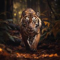 AI generated tiger running in the jungle.Generative Ai photo