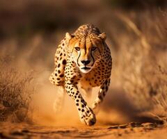 AI generated cheetah running through a field of tall grass.Generative Ai photo