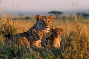 AI generated lion cubs sitting with mother.Generative Ai photo