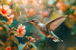 AI generated hummingbird sucking nectar from bloom in the forest,Generative Ai photo