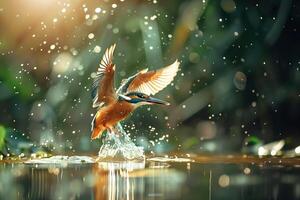 AI generated Kingfisher emerging from the water after driving to grab a fish.Generative Ai photo