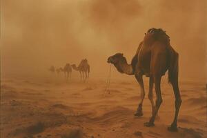 AI generated Camel caravan through the sahara desert in a sand storm.Generative Ai photo