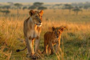 AI generated lion cub walking  with mother.Generative Ai photo