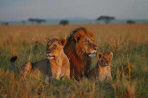 AI generated lion cubs sitting with family.Generative Ai photo