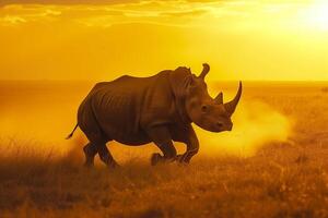 AI generated rhinoceros running across the savanna safari.Generative Ai photo