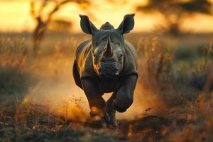 AI generated baby rhinoceros running across the savanna safari.Generative Ai photo