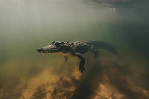 AI generated crocodile hiding under water,underwater shot .Generative Ai photo