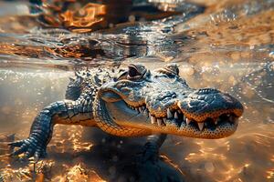 AI generated crocodile hiding under water,underwater shot .Generative Ai photo