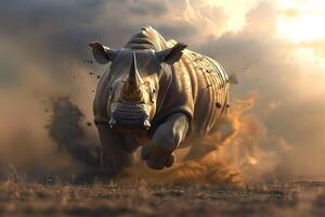 AI generated rhinoceros running across the savanna safari.Generative Ai photo