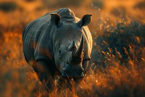 AI generated rhinoceros running across the savanna safari.Generative Ai photo