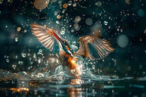 AI generated Kingfisher emerging from the water after driving to grab a fish.Generative Ai photo