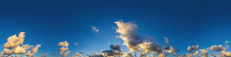 Dark blue sunset sky panorama with Cumulus clouds. Seamless hdr pano in spherical equirectangular format. Complete zenith for 3D visualization, game and sky replacement for aerial drone 360 panoramas. photo