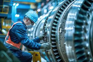 ai generado técnico es haciendo mantenimiento viento energía motor foto