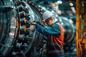 ai generado técnico es haciendo mantenimiento viento energía motor foto