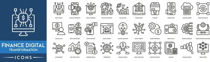 Finance Digital Tranformations icon.  Digital Finance, Financial Technology, Digital Integration, Financial Automation, Data Analytics, Online Banking, E-payment, Mobile Finance and Cloud Accounting vector