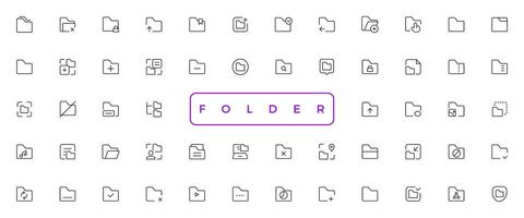 Folders flat line icons set. File catalog, document search, folder synchronization, local network vector illustrations. Outline minimal signs for web site