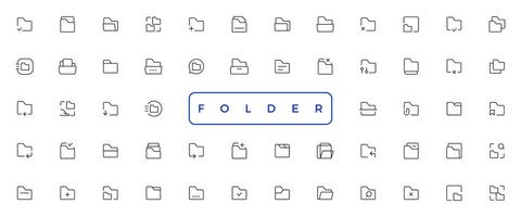 Folders flat line icons set. File catalog, document search, folder synchronization, local network vector illustrations. Outline minimal signs for web site