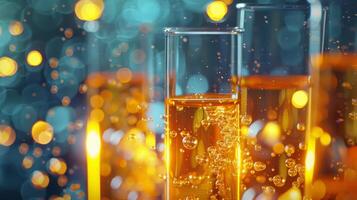 AI generated Two test tubes filled with effervescing golden liquid against a bokeh light background, indicative of chemical research and analysis. photo