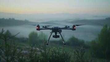 AI generated A camera-equipped drone hovers above mist-covered hills, capturing the serene beauty of the landscape at dawn. photo