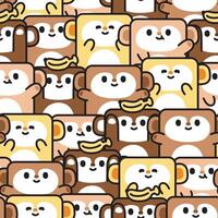 Repeat.Seamless pattern of cute monkey various poses in square shape background.Banana fruit.Wild animal character cartoon.Image for card,poster,clothing print screen.Kawaii.Vector.Illustration. vector