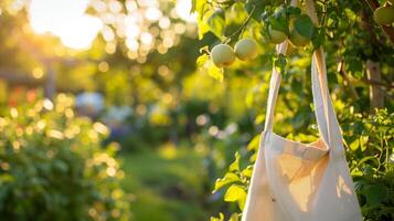 AI generated Eco-friendly textile shopping bag hanging on tree branch photo