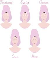 Step by step facial massage tutorial.Female face with massaging lines. vector