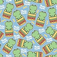 Seamless pattern of cute frog sit on hamburger with text background.Fastfood.Reptile animal character cartoon design.Kawaii.Vector.Illustration. vector