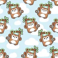 Seamless pattern of cute monkey in square shape hanging on a branch sky cloud background.Wild animal character cartoon design.Jungle.Kawaii.Vector.Illustration. vector