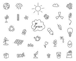 Ecology doodle set. Eco in hand drawn linear style.Earth Day concept, April 22, elements vector set. Save the earth, globe, recycling symbol in simple doodle drawing style.