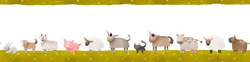 horizontal desatado fronteira padronizar com Fazenda animais. desenho animado curral. gado e artiodáctilos, gatos, coelhos e cães. mão desenhado ilustração em isolado fundo png