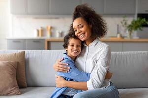 Mother and son sharing a warm hug photo