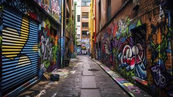 AI generated Graffiti-Laden Narrow Alleyway Captures Urban Street Art Scene photo