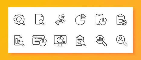 Banking icon set. Information collection, file, magnifying glass, cryptanalyst, smartphone, graph, monitor, diagram. Black icon on a white background. Vector line icon for business and advertising