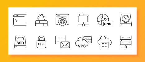 Internet icon set. SSD, storage device, server, host, local network, VPS, DNS, website, firewall. Black icon on a white background. Vector line icon for business and advertising