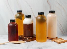 Cold Brew Coffee, Naixiang Jinxuan, Mocha cloud, Gan Nai Di Milk Tea, Sweet honey served in bottles top view of taiwan drink photo