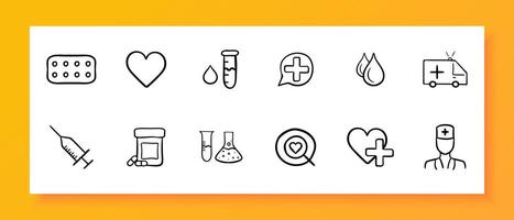 medicina icono colocar. pastillas, corazón, gotas, ambulancia, prueba tubo, jeringuilla, inyección, relajante, química. negro icono en un blanco antecedentes. vector línea icono para negocio y publicidad