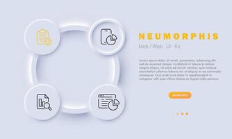 grafico conjunto línea icono. ciencias económicas, buscar, teléfono inteligente, diagrama, tarta cuadro, sitio web, ministro, datos análisis. neomorfismo estilo. vector línea icono para negocio y publicidad