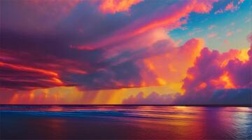 ai gegenereerd helder zonsondergang en zonsopkomst over- de zee en oceaan met mooi lucht en wolken. kleurrijk avond natuur en dageraad door de strand.gemaakt met generatief ai video