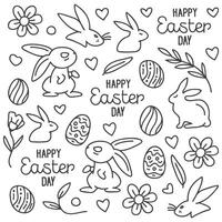 Hand-drawn doodle Easter Day with line eggs, bunny,leaves, heart, rabbit on white background. Vector illustration. Design for coloring book, greeting card, print.